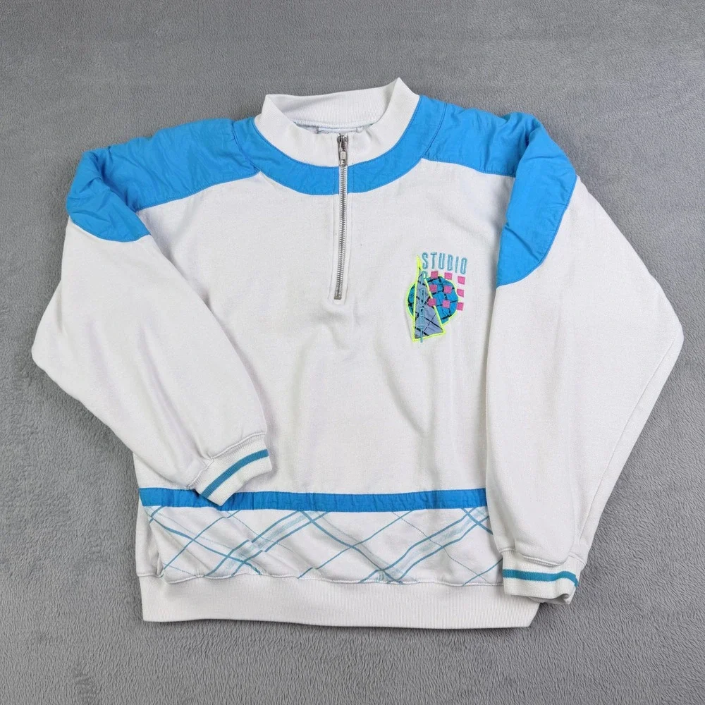 Winning Ways Vintage 80s 90s Quarter Zip Sweatshirt White Blue Neon Medium